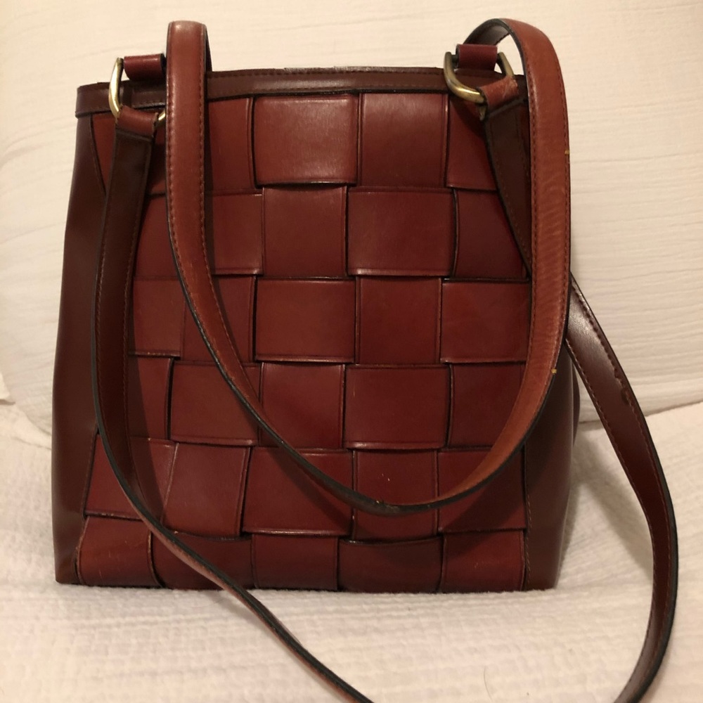Vintage faux-leather crossweave satchel